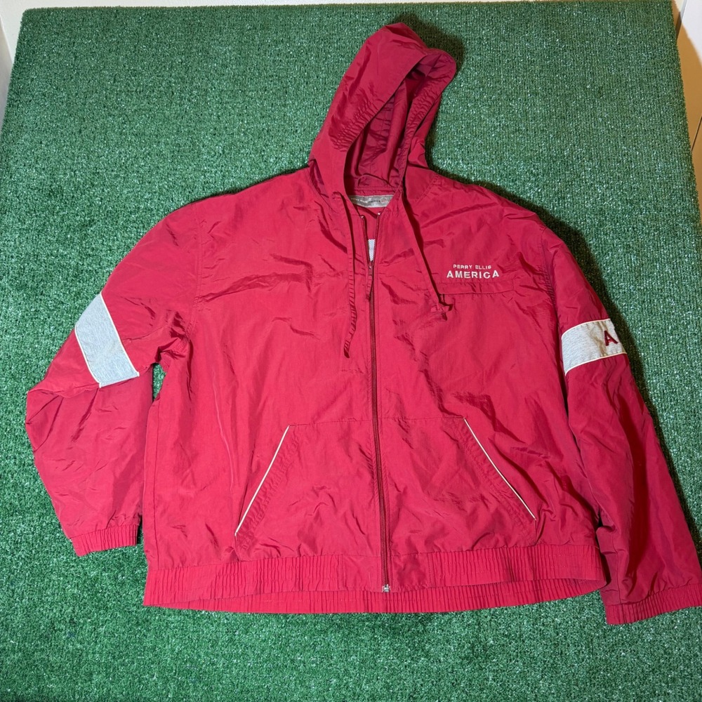 Perry Ellis America Active Mens Red Nylon Windbreaker Hooded Jacket XL Vintage